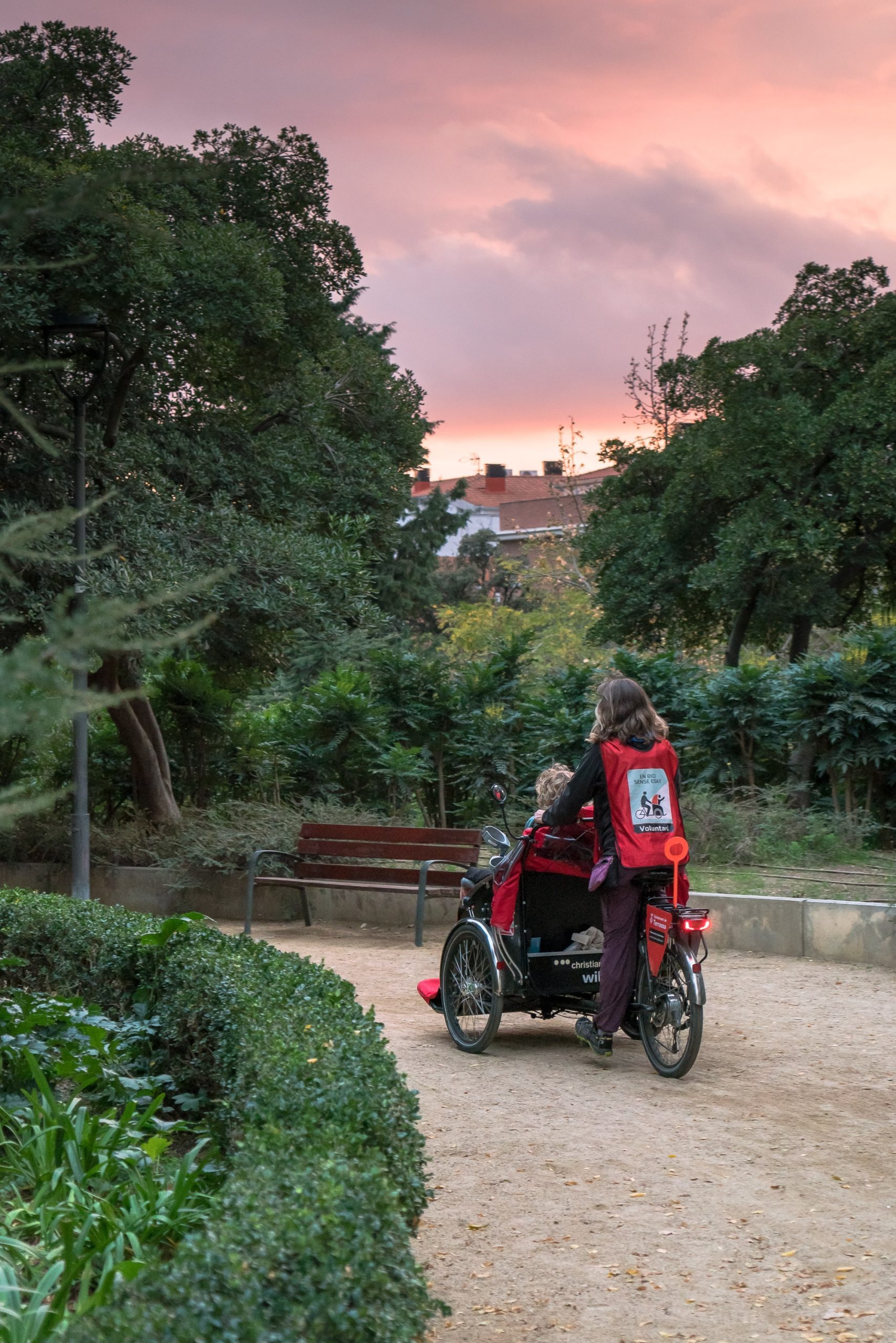 Una voluntària condueix un tricicle de Bici Sense Edat pel parc de Sant Jordi de Terrassa. És una imatge de Retícula, el banc d'imatges social i lliure.